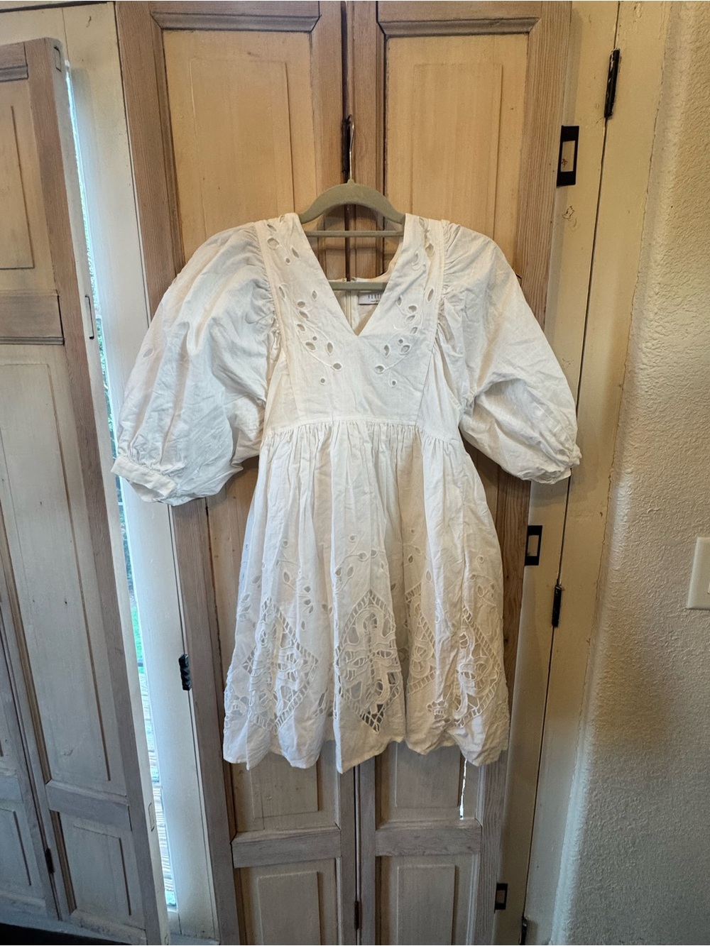 HUNTER BELL White Eyelet Mini Dress with Puff Sleeves